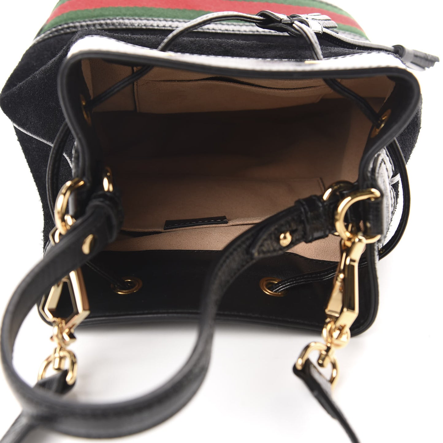 Suede Patent Web Small Ophidia Bucket Bag Black