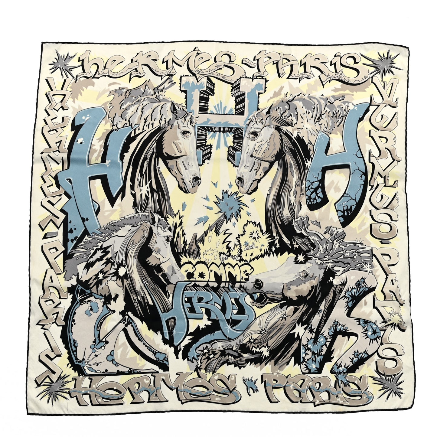 Silk H Comme Hermes Scarf 70 White Black Gris Bleuete
