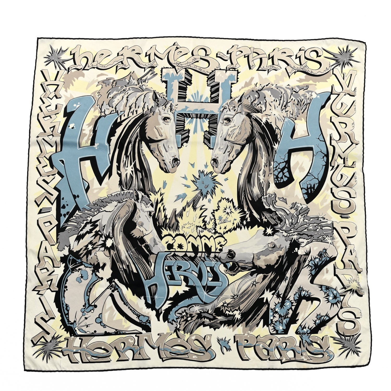 Hermes Silk H Comme Hermes Scarf 70 White Black Gris Bleuete 1 of 5
