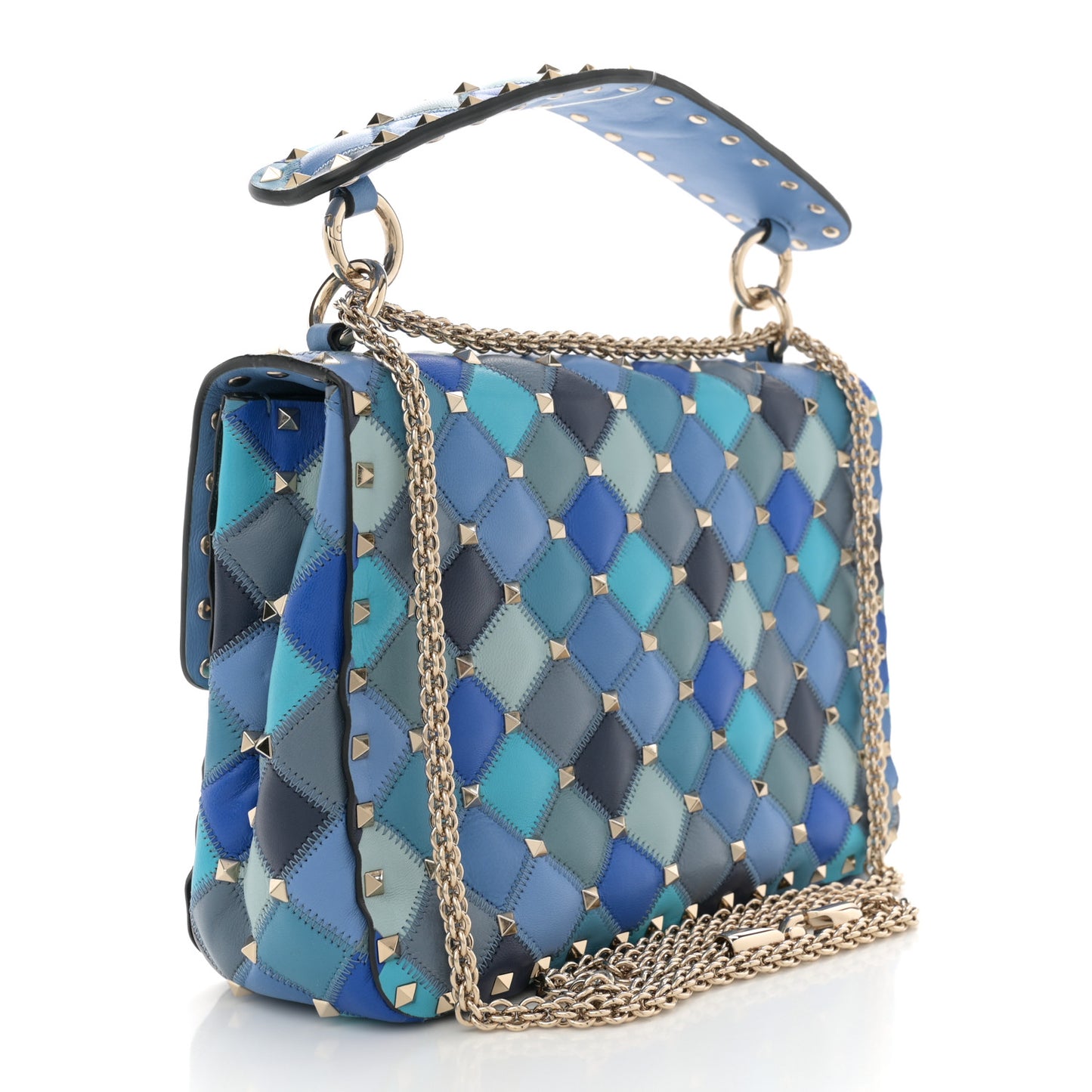Lambskin Patchwork Medium Rockstud Spike Shoulder Bag Angel Blue