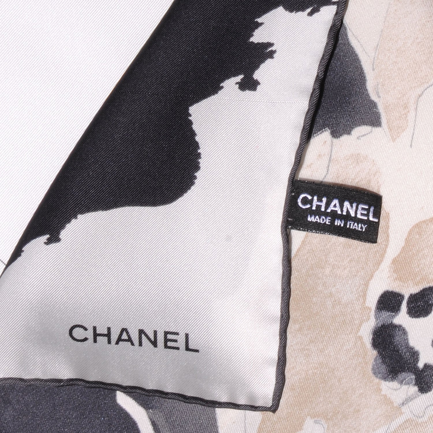 Chanel Silk Camellia Flower Scarf Black Beige 4 of 5