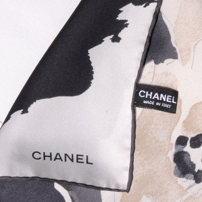 Chanel Silk Camellia Flower Scarf Black Beige 4 of 5
