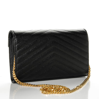 Saint Laurent Grain De Poudre Matelasse Chevron Monogram Chain Wallet Black 3 of 7