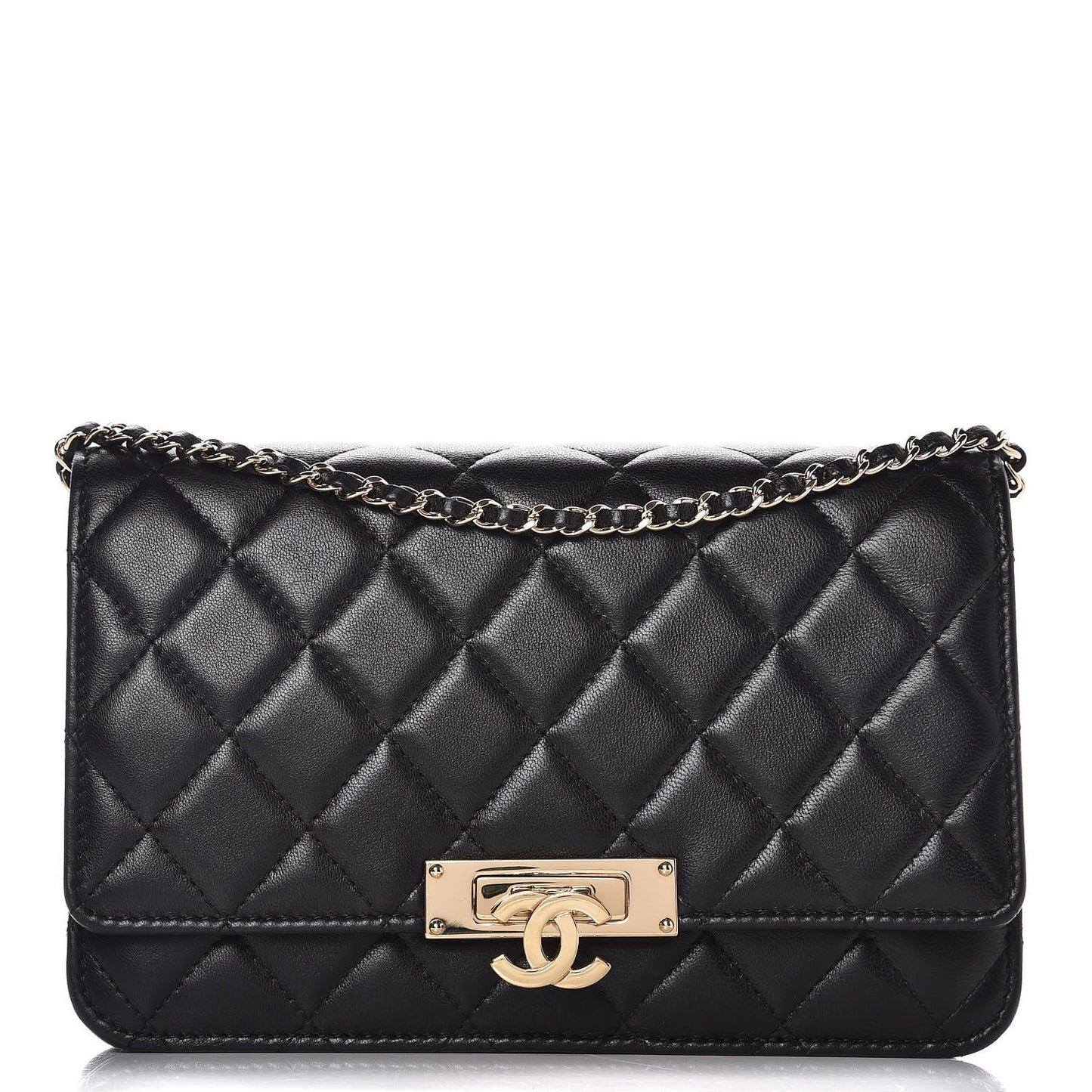 Lambskin Quilted Golden Class Wallet on Chain WOC Black