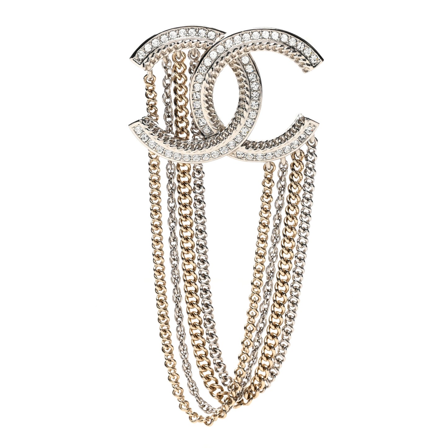 Crystal Multi Strand Chain CC Brooch Silver Gold