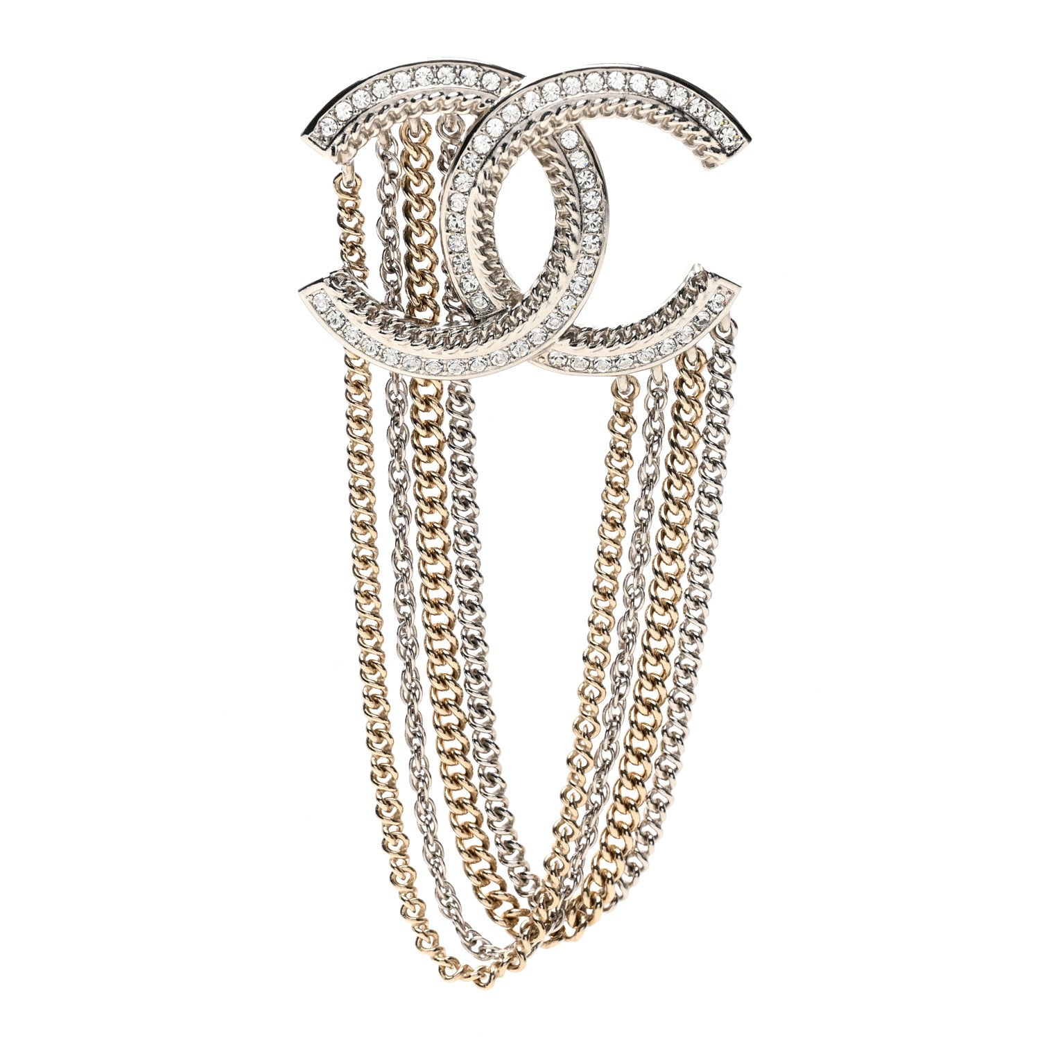 Chanel Crystal Multi Strand Chain CC Brooch Silver Gold 1 of 4