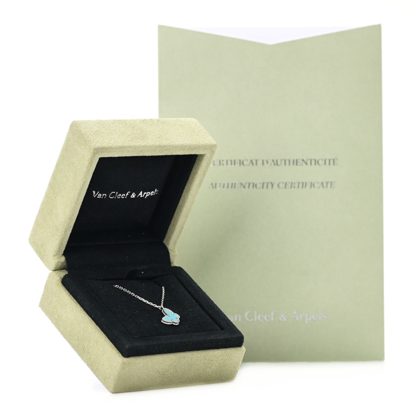 18K White Gold Turquoise Sweet Alhambra Butterfly Pendant Necklace