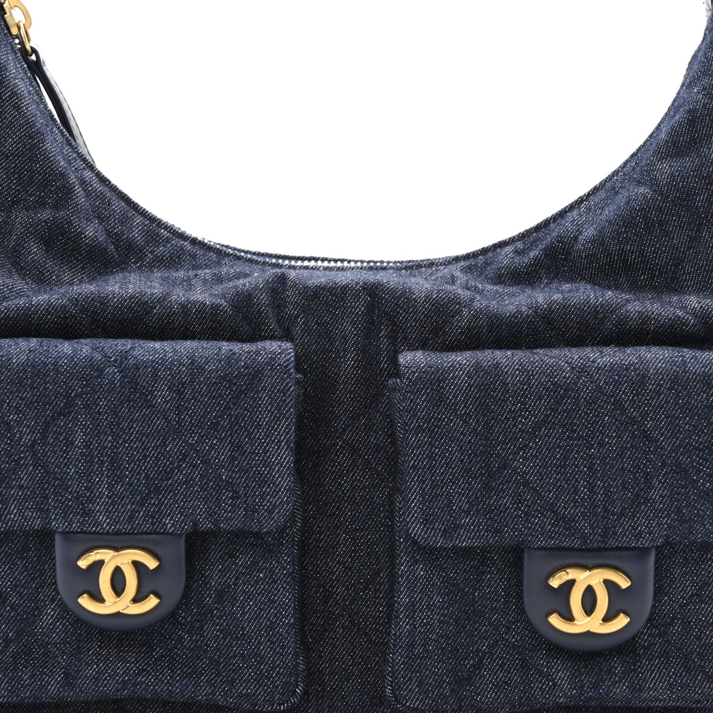 Washed Denim Quilted Maxi Trendy Pockets Hobo Dark Blue