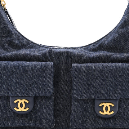 Chanel Washed Denim Quilted Maxi Trendy Pockets Hobo Dark Blue 8 of 11