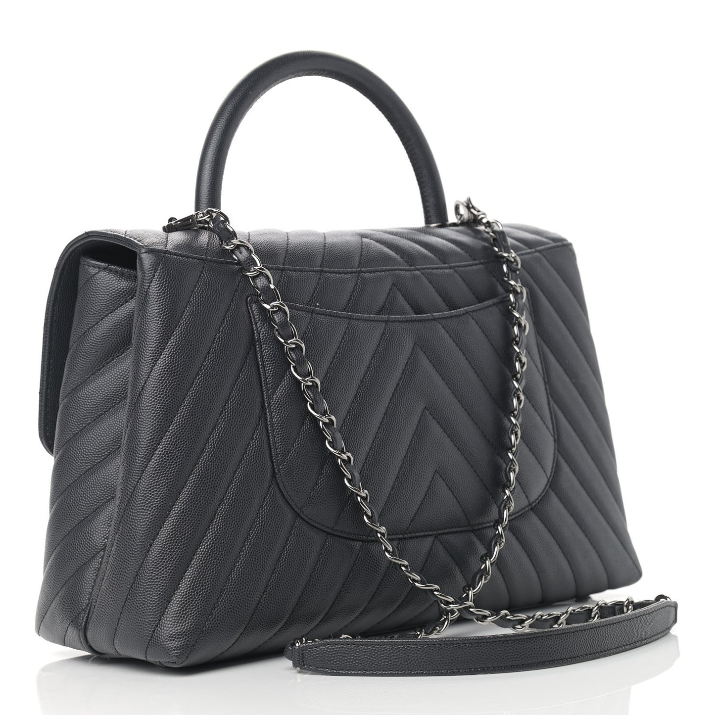 Caviar Chevron Quilted Medium Coco Handle Flap Dark Grey