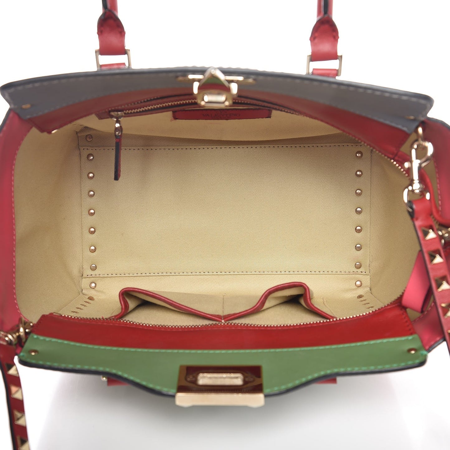 Vitello Colorblock Small Rockstud Double Handle Tote Deep Rose Clover Grey Scarlet