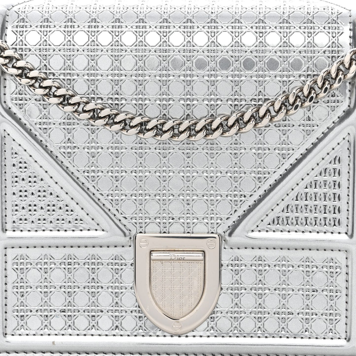 Metallic Patent Micro-Cannage Diorama Wallet on Chain Pouch Silver