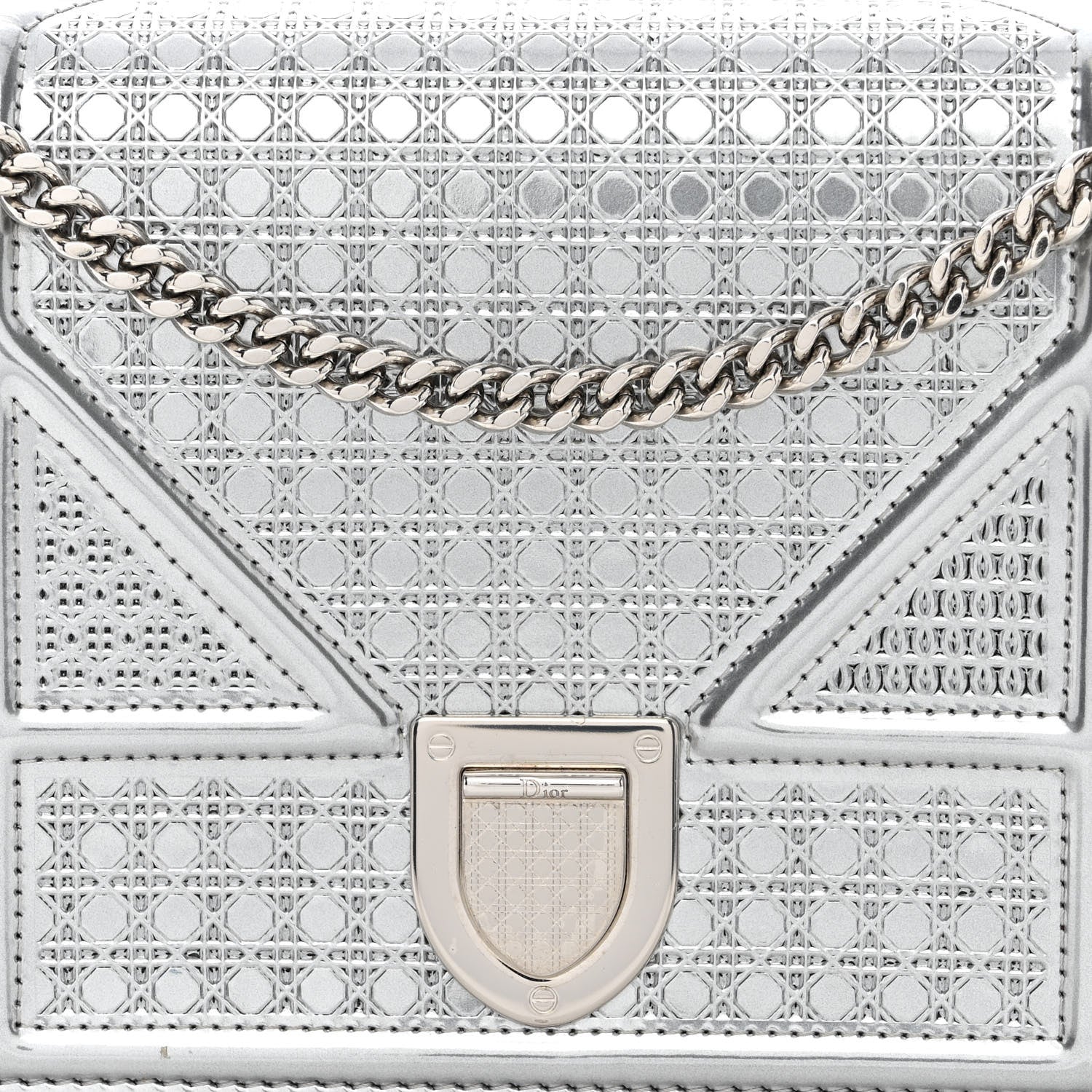 Christian Dior Metallic Patent Micro-Cannage Diorama Wallet on Chain Pouch Silver 9 of 13