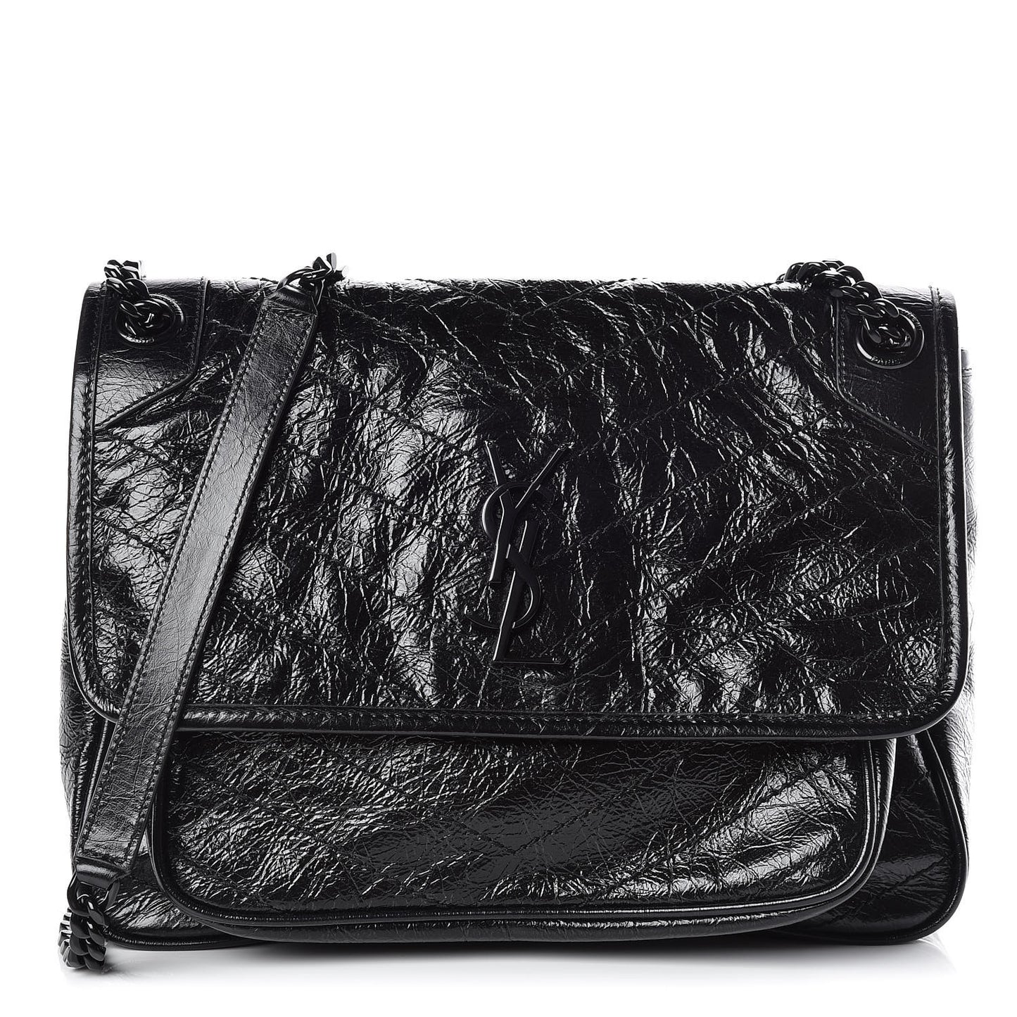 Crinkled Calfskin Matelasse Monogram Medium Niki Chain Satchel Black