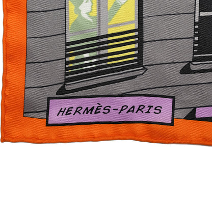 Hermes Silk Minuit Au Faubourg Scarf 70 Orange Gris Jaune 2 of 5