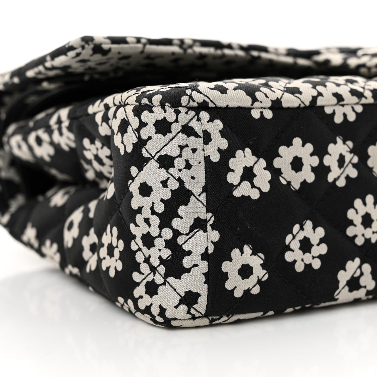 Canvas Floral Printed Quilted Medium Double Flap Black White