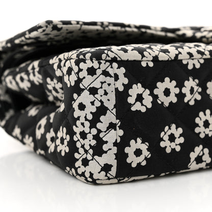Chanel Canvas Floral Printed Quilted Medium Double Flap Black White 9 of 11