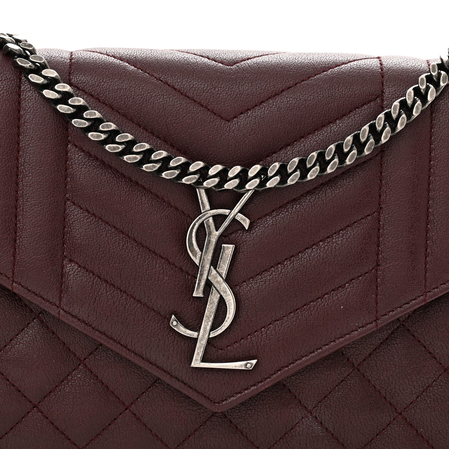 Saint Laurent Sheepskin Tri-Quilt Monogram Envelope Chain Wallet Burgundy 8 of 12