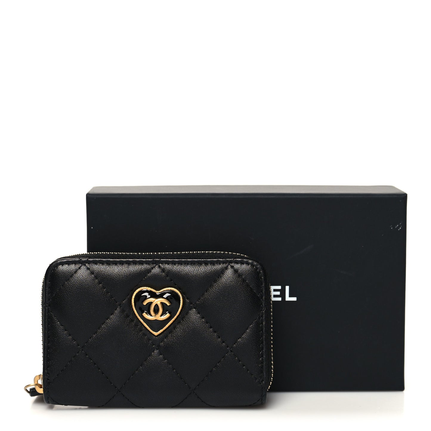 Lambskin Plexiglass Quilted Coco Love Zip Coin Purse Black