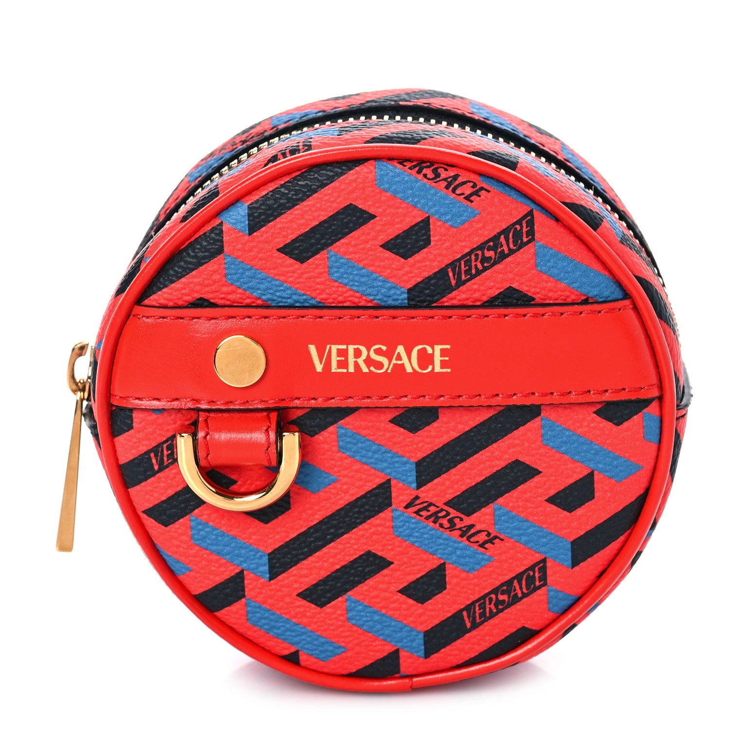 Versace Coated Canvas Calfskin La Greca Round Zip Pouch Blue Red 1 of 8