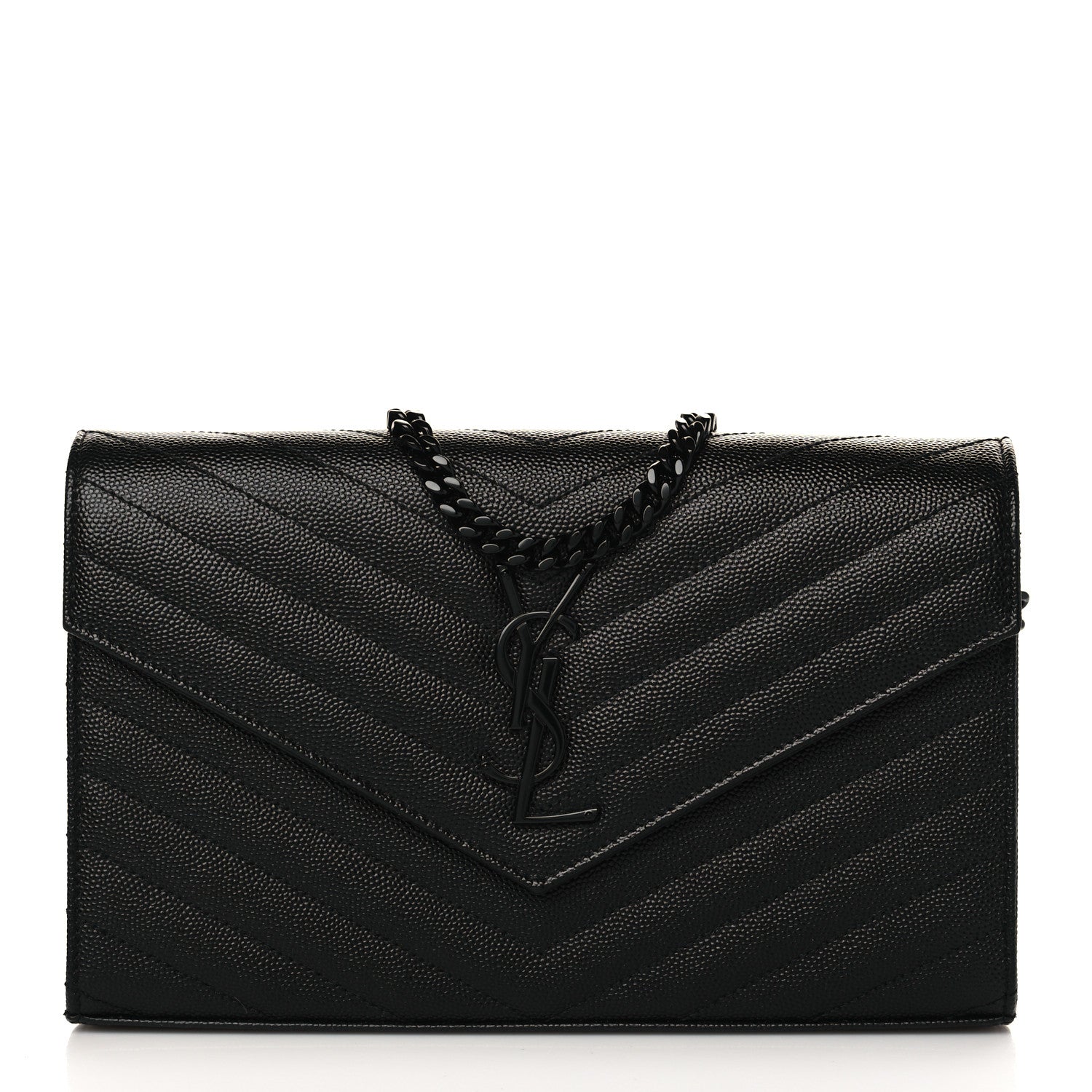 Saint Laurent Grain De Poudre Matelasse Chevron Monogram Monochrome Chain Wallet Black 1 of 6