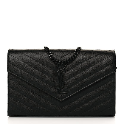 Saint Laurent Grain De Poudre Matelasse Chevron Monogram Monochrome Chain Wallet Black 1 of 6