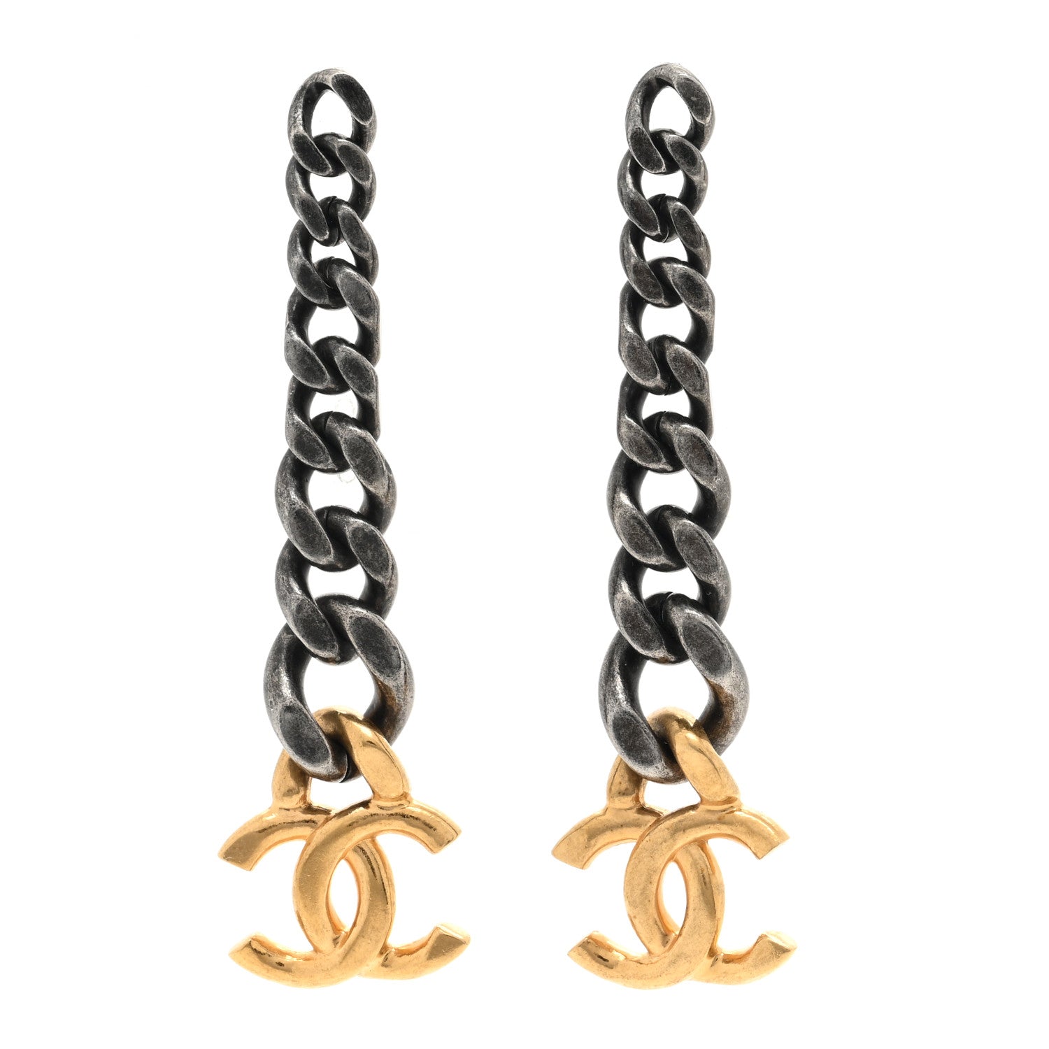 Chanel Metal CC Pick Drop Earrings Ruthenium Gold 1 of 5