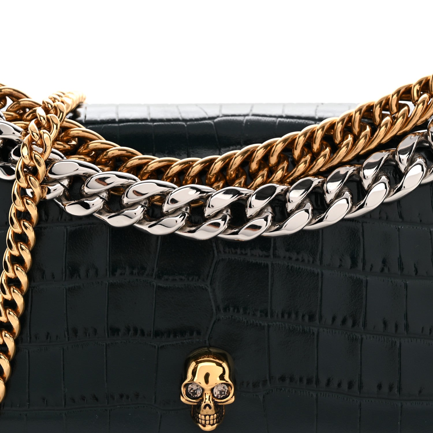 Alexander McQueen Glazed Calfskin Crocodile Embossed Small Skull Shoulder Bag Green 7 of 9