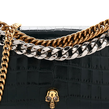 Alexander McQueen Glazed Calfskin Crocodile Embossed Small Skull Shoulder Bag Green 7 of 9