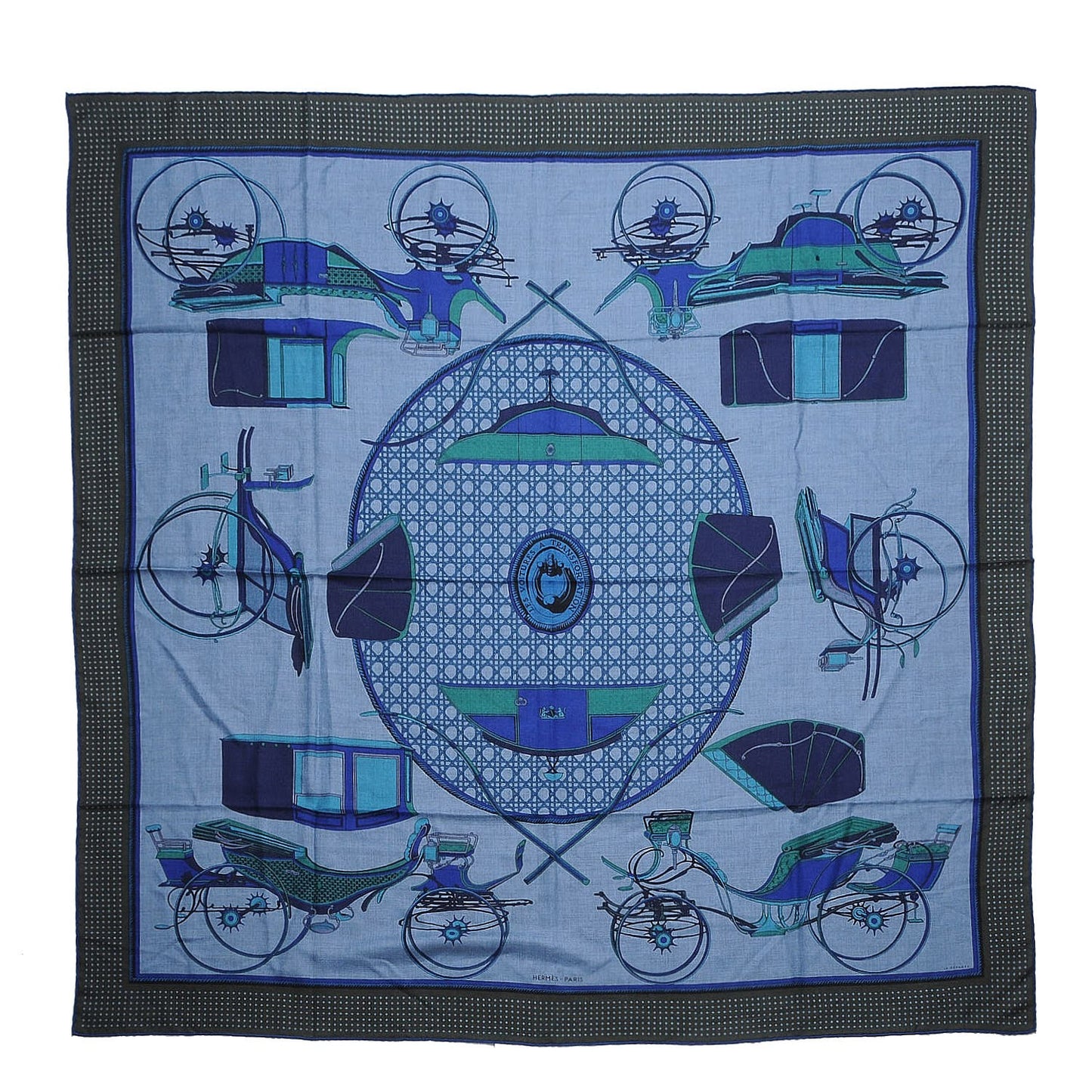 Cashmere Silk Les Voitures A Transformation Shawl 140 Bleu De Chine Kaki Marine