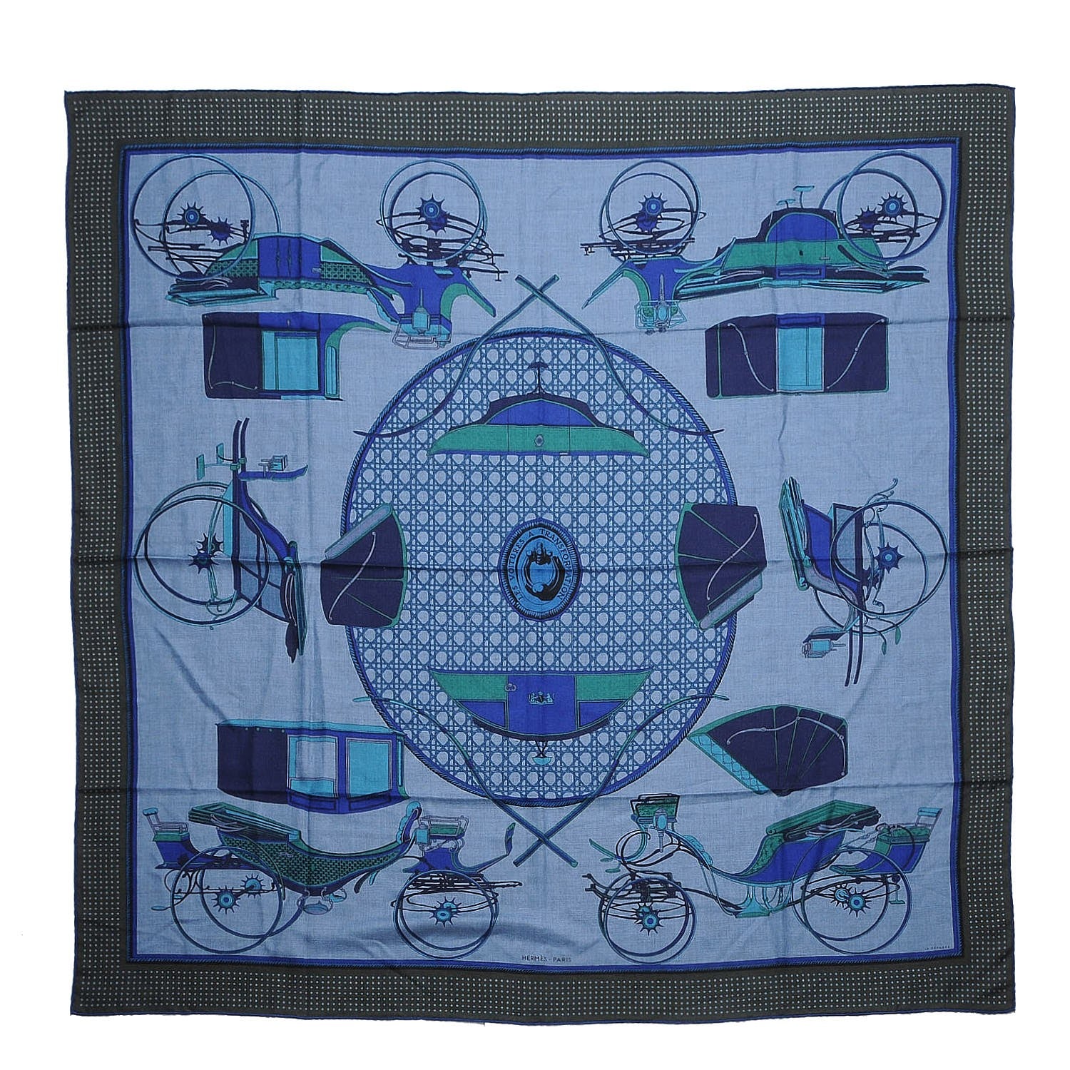 Hermes Cashmere Silk Les Voitures A Transformation Shawl 140 Bleu De Chine Kaki Marine 1 of 7