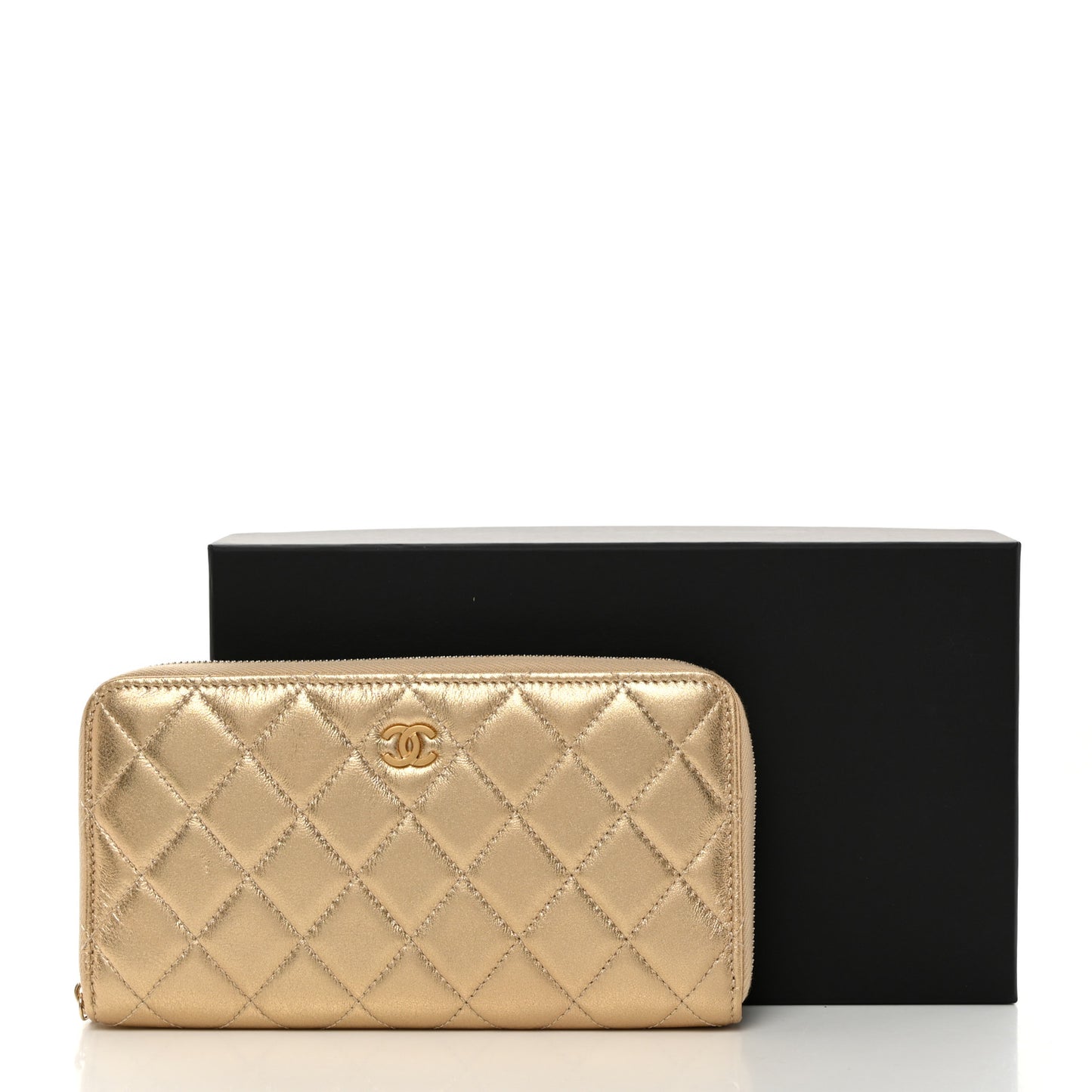 Metallic Lambskin Quilted Large Gusset Zip Around Wallet Gold