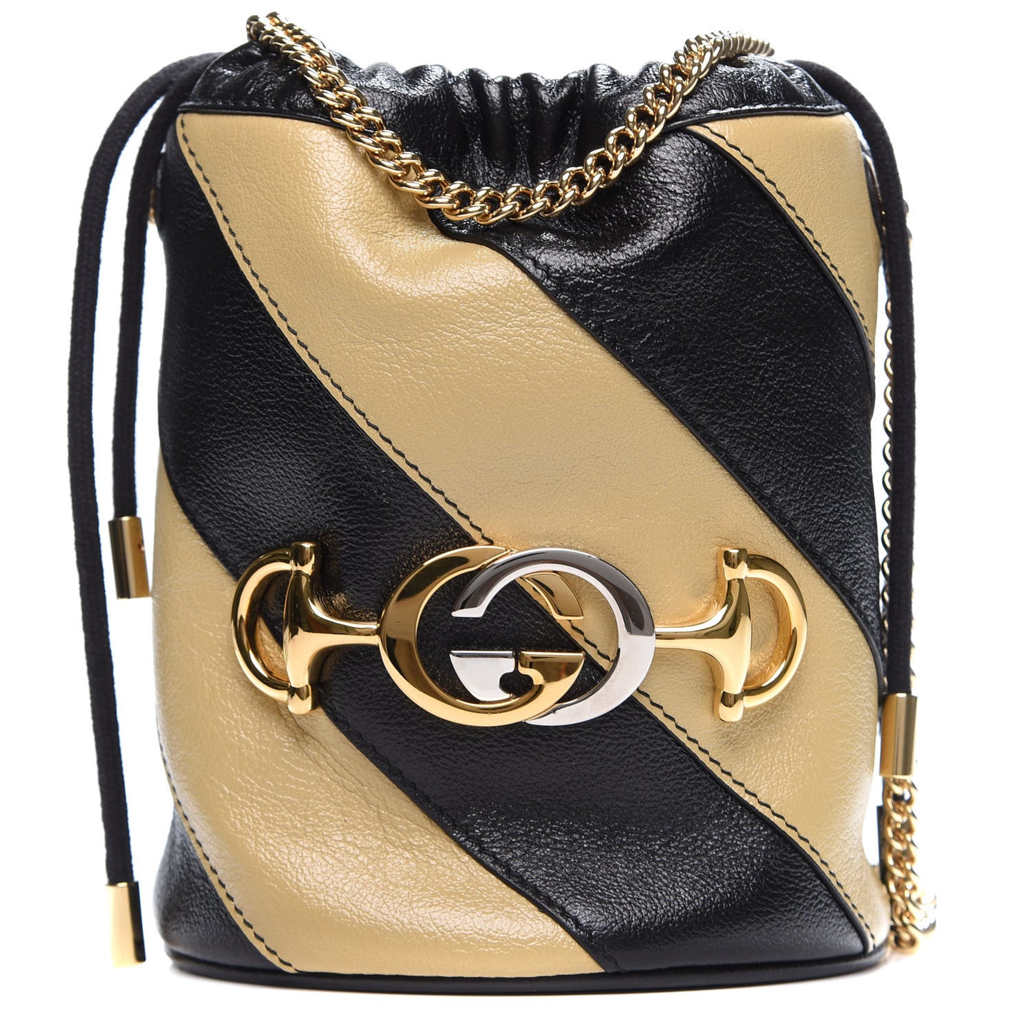 Calfskin Diagonal Striped Mini Zumi Bucket Bag Black Beige