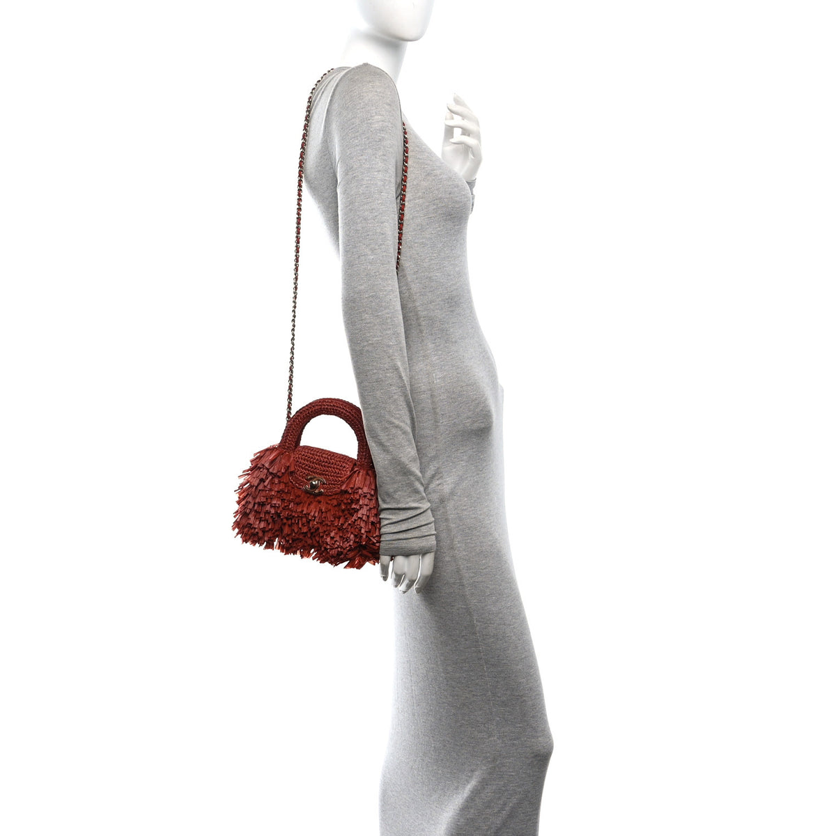 Raffia Fringe Nano Kelly Shopper Red