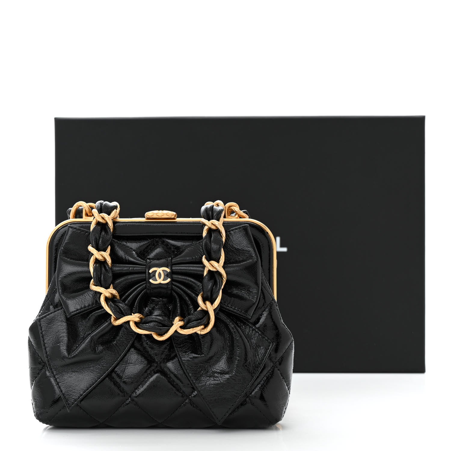 Chanel Patent Crumpled Lambskin Quilted Maxi Bow Clutch With Chain