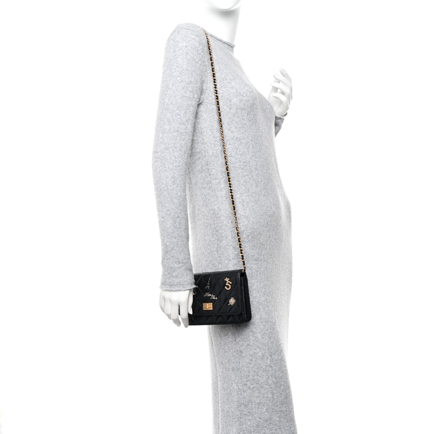 Chanel Aged Calfskin Quilted Lucky Charms 2.55 Reissue Wallet On Chain WOC Black 2 of 12