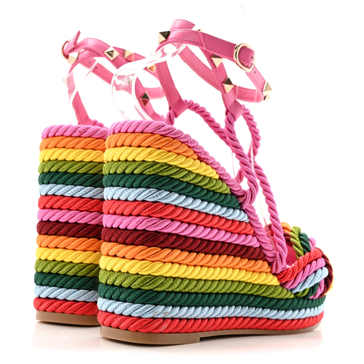 Calfskin Rockstud Ankle Strap Torchon Espadrille 25/115mm Wedge Sandals 37 Feminine Pink Multicolor