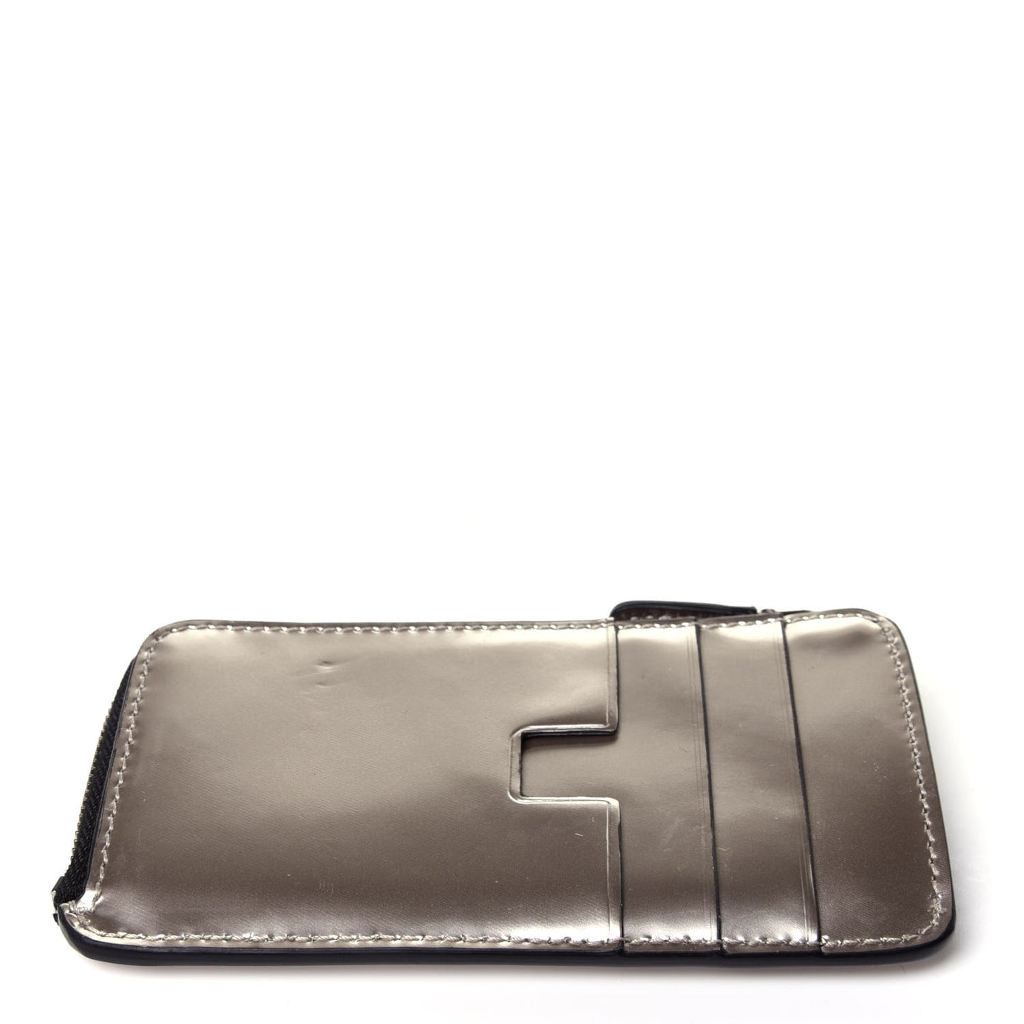 Metallic Calfskin Zip Card Holder Wallet Silver