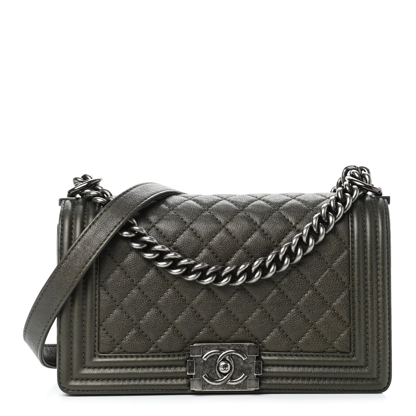 Metallic Calfskin Quilted Medium Boy Flap Khaki