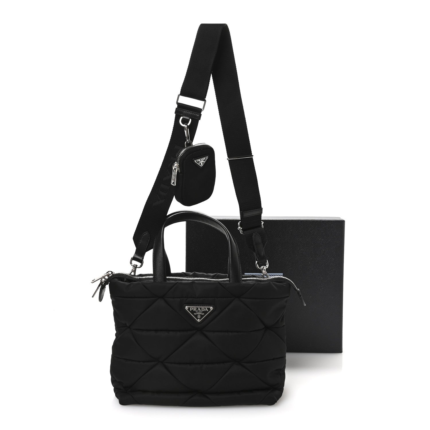 Prada Re-Nylon Nappa Triangle Quilted Padded Double Handled Zip Pocket Tote Black 13 of 13