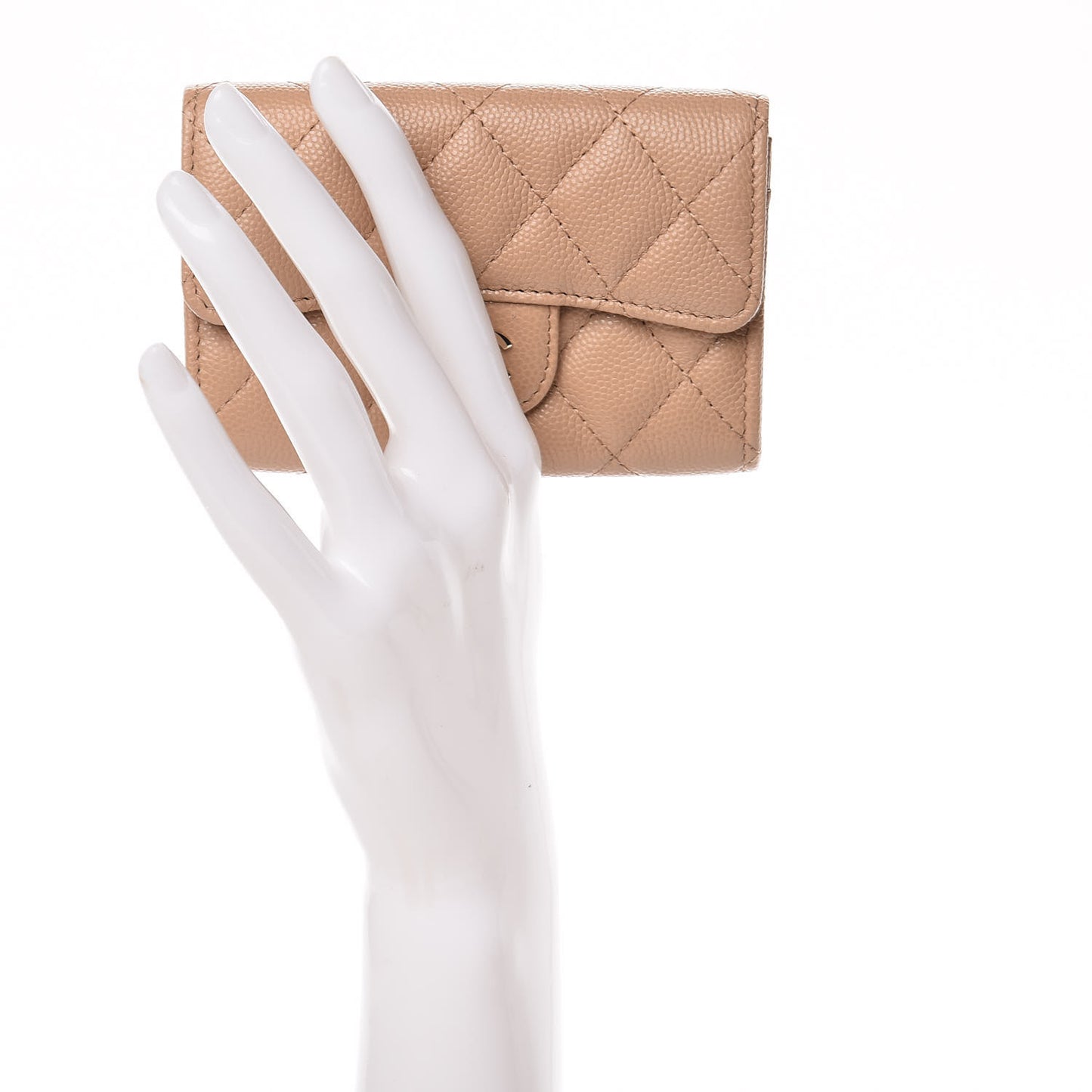Caviar Quilted Flap Card Holder Wallet Beige