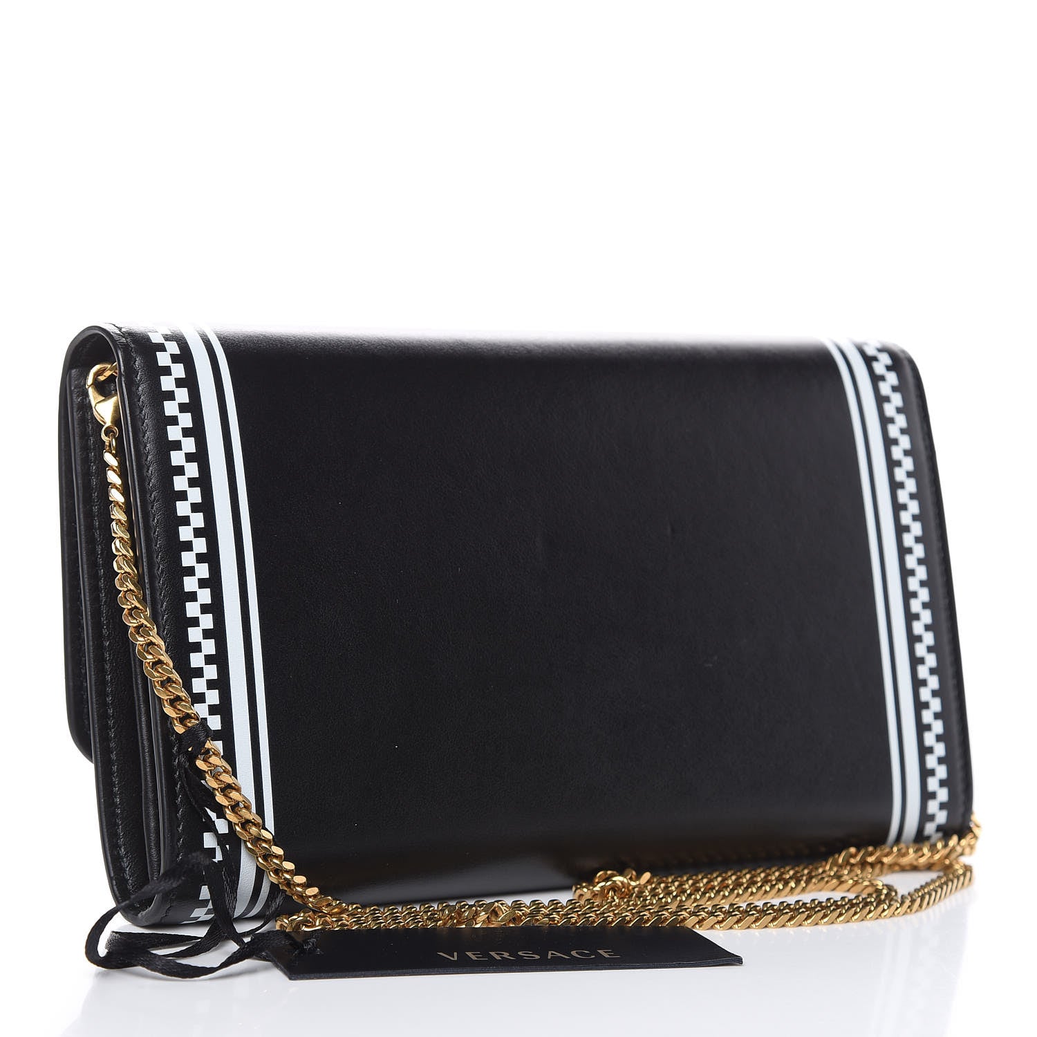 Versace Calfskin 90's Vintage Logo Chain Evening Bag Black White 3 of 9