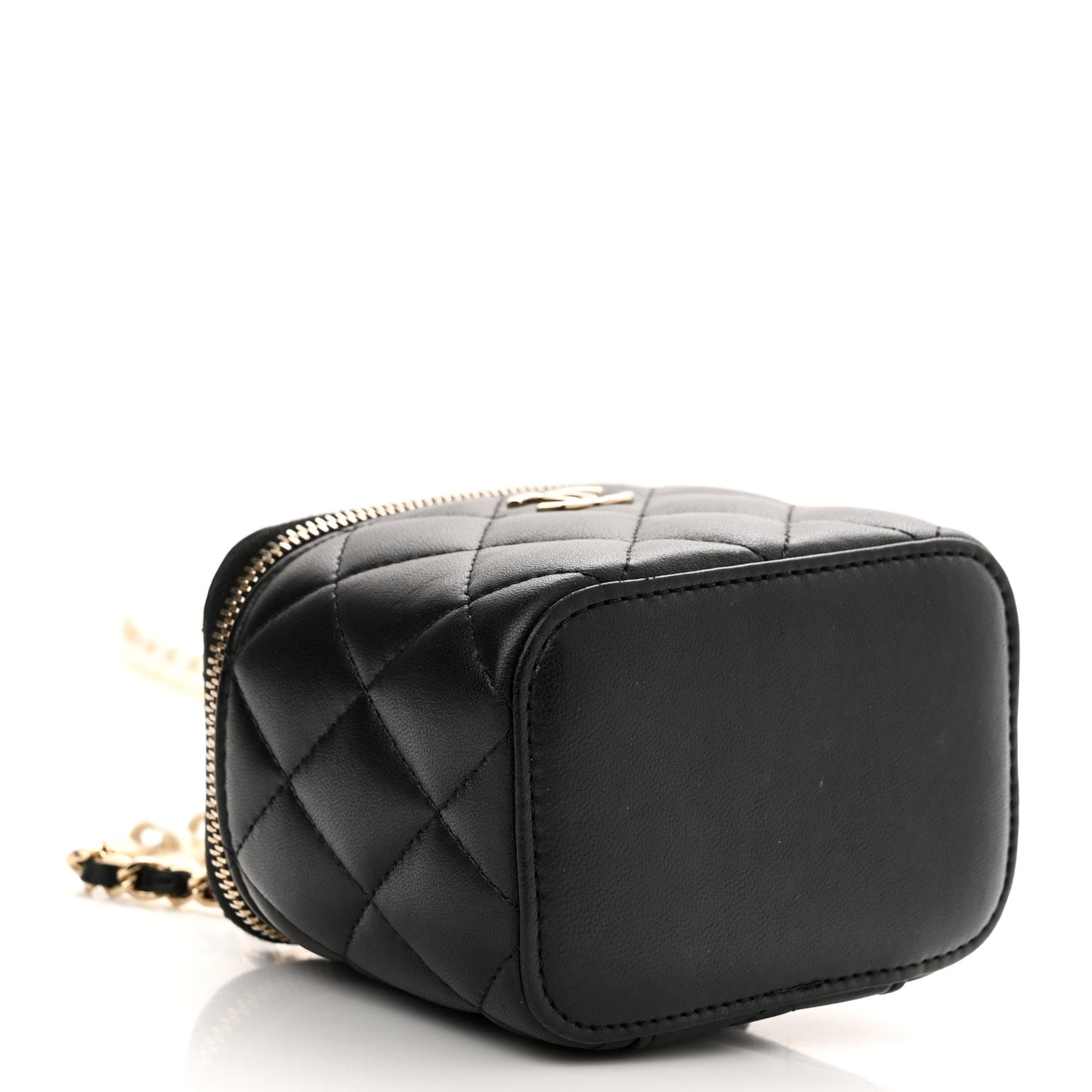 Lambskin Quilted Mini Vanity Case With Pearl Chain Black