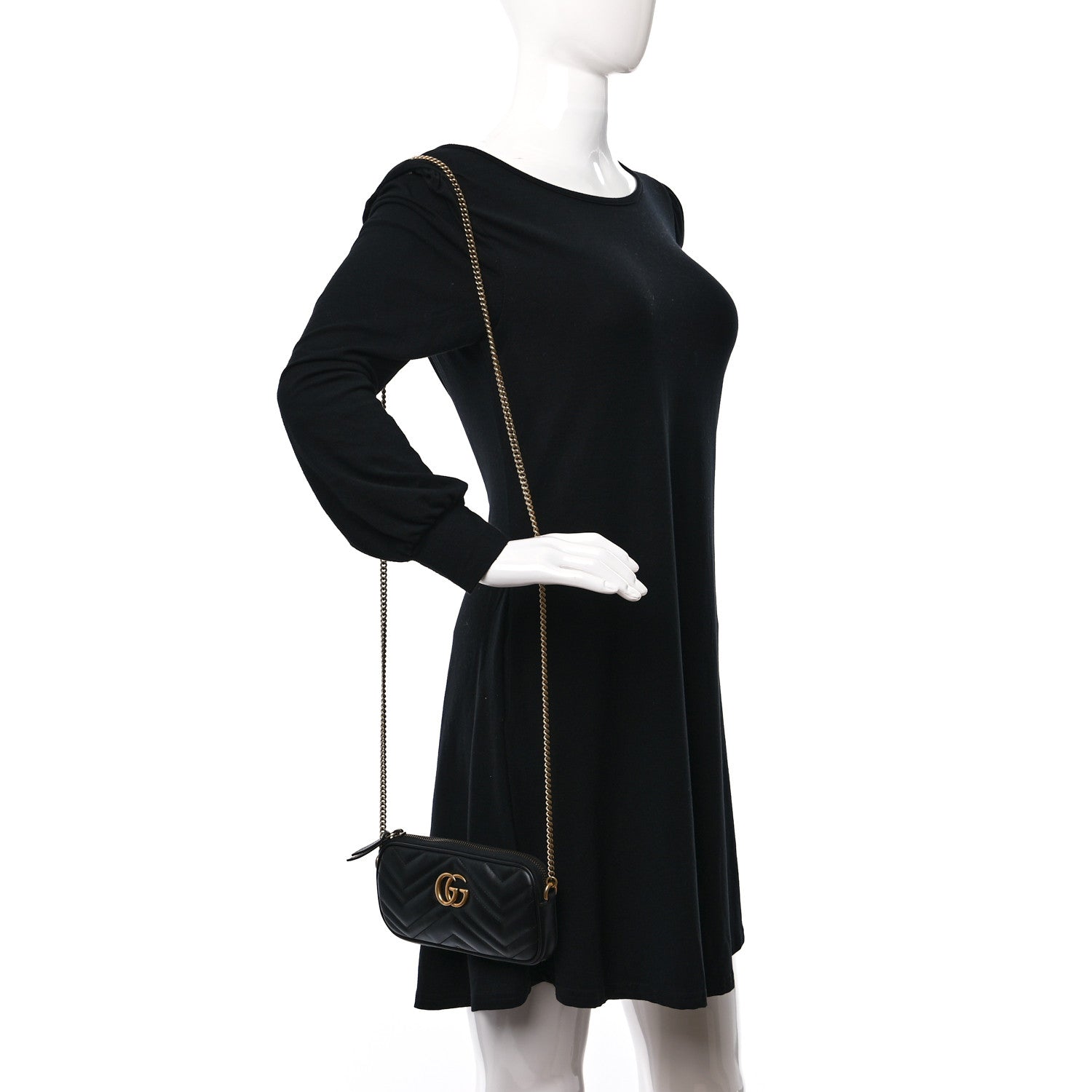 Gucci Calfskin Matelasse Mini GG Marmont Chain Crossbody Bag Black 2 of 10