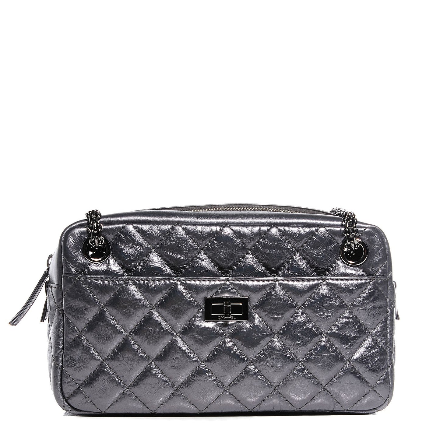 Metallic Aged Calfskin Quilted Small Reissue Camera Case Dark Silver
