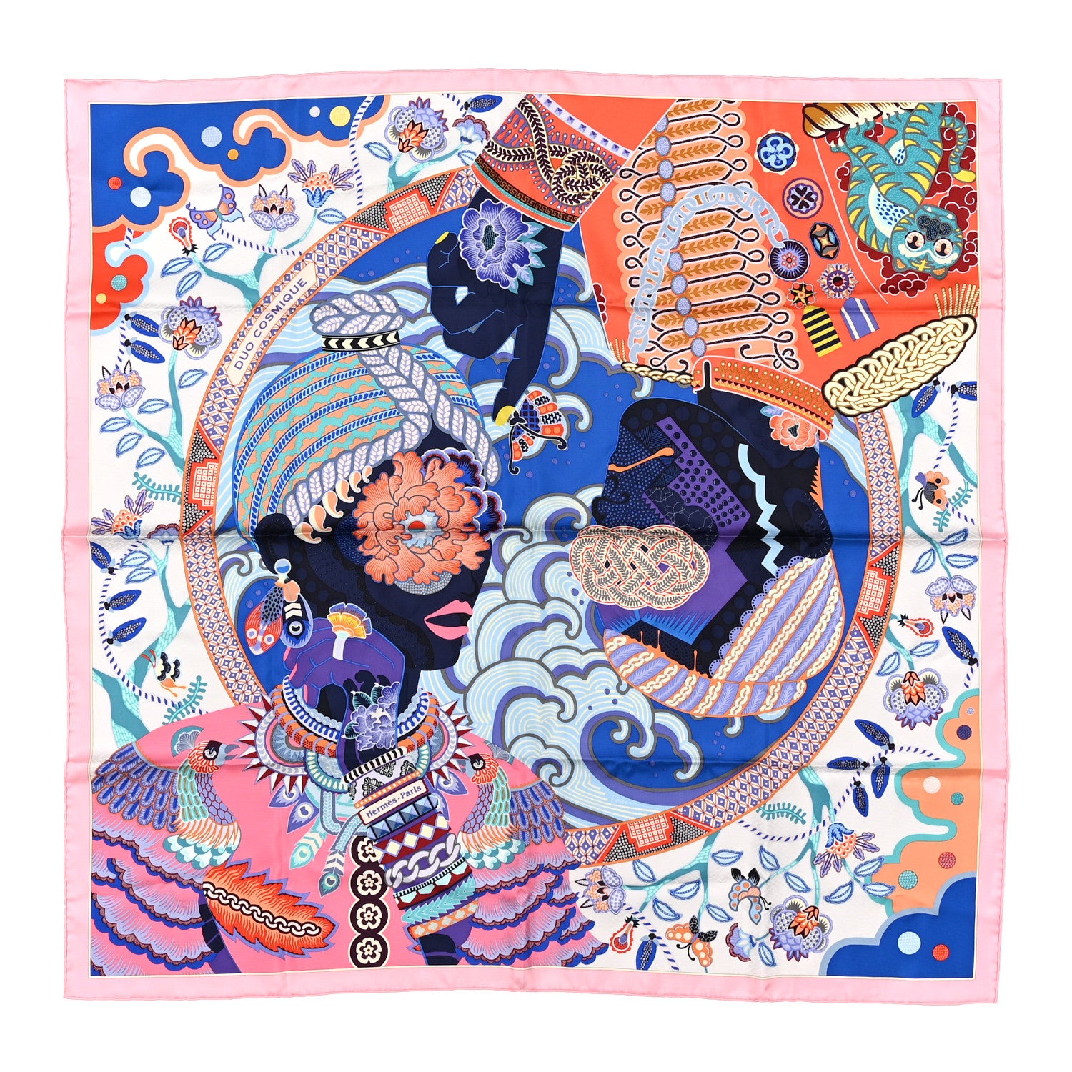 Hermes Silk Twill Duo Cosmique Scarf 90 Rose Pale Bleu Orange 1 of 5