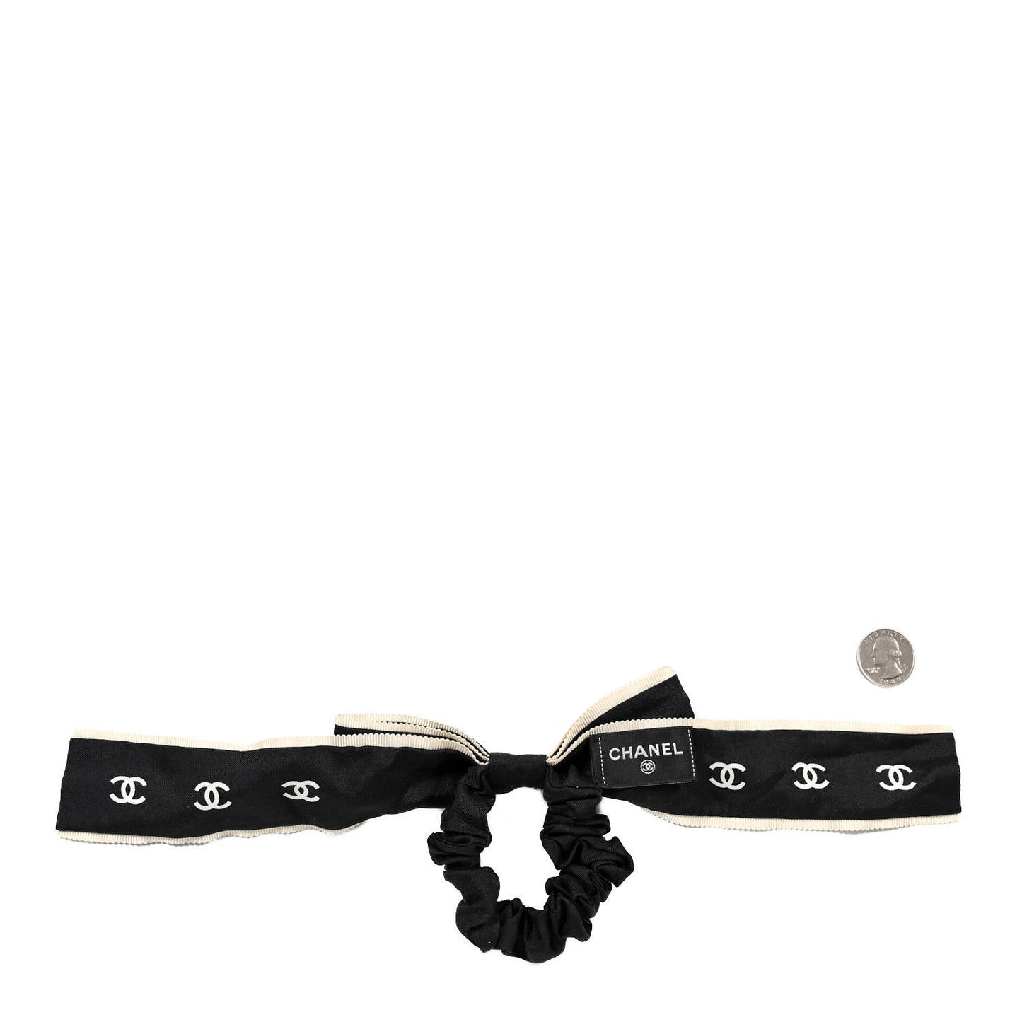 Silk CC Bow Hair Tie Black Ecru