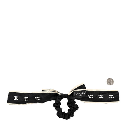 Chanel Silk CC Bow Hair Tie Black Ecru 2 of 4