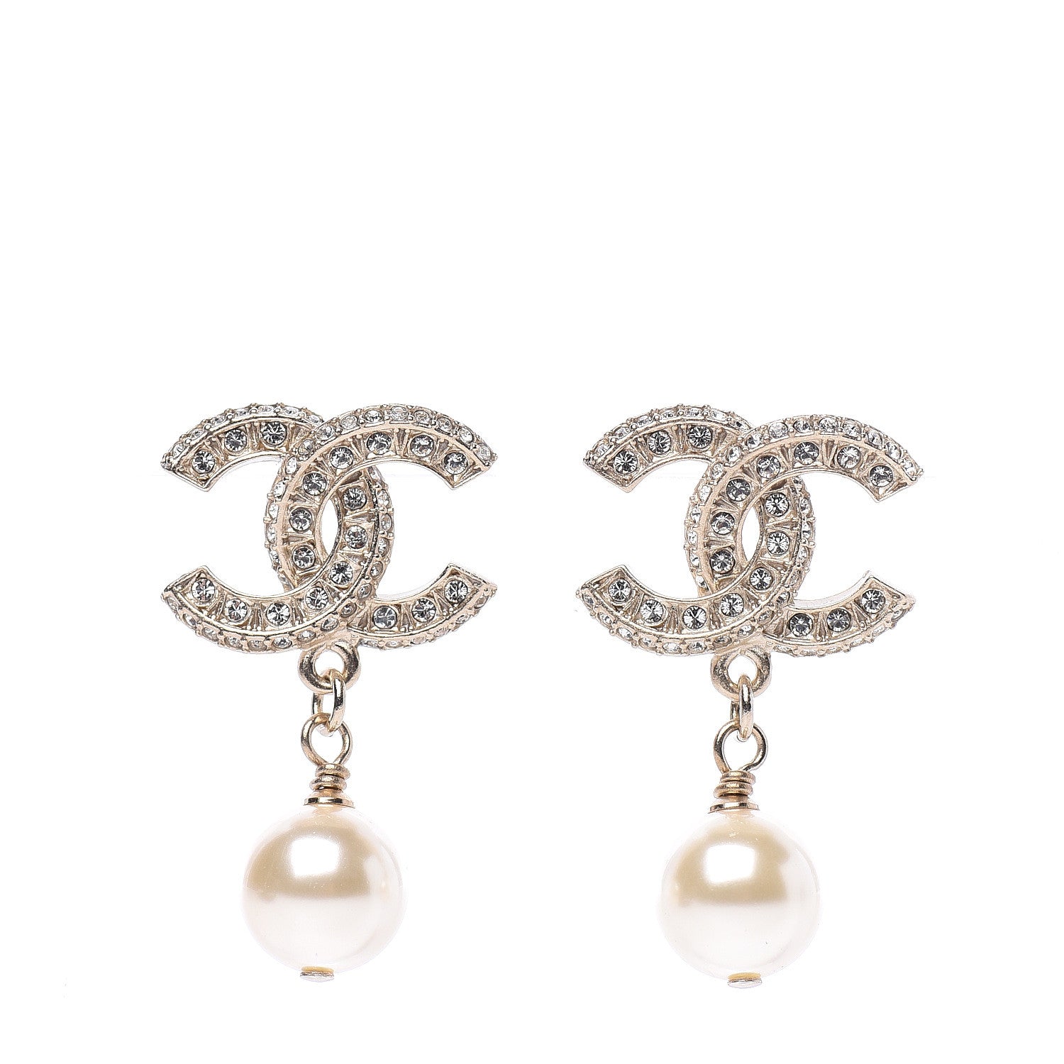 Chanel Crystal Pearl CC Drop Earrings Gold 1 of 5