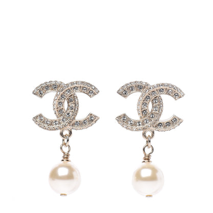 Chanel Crystal Pearl CC Drop Earrings Gold 1 of 5